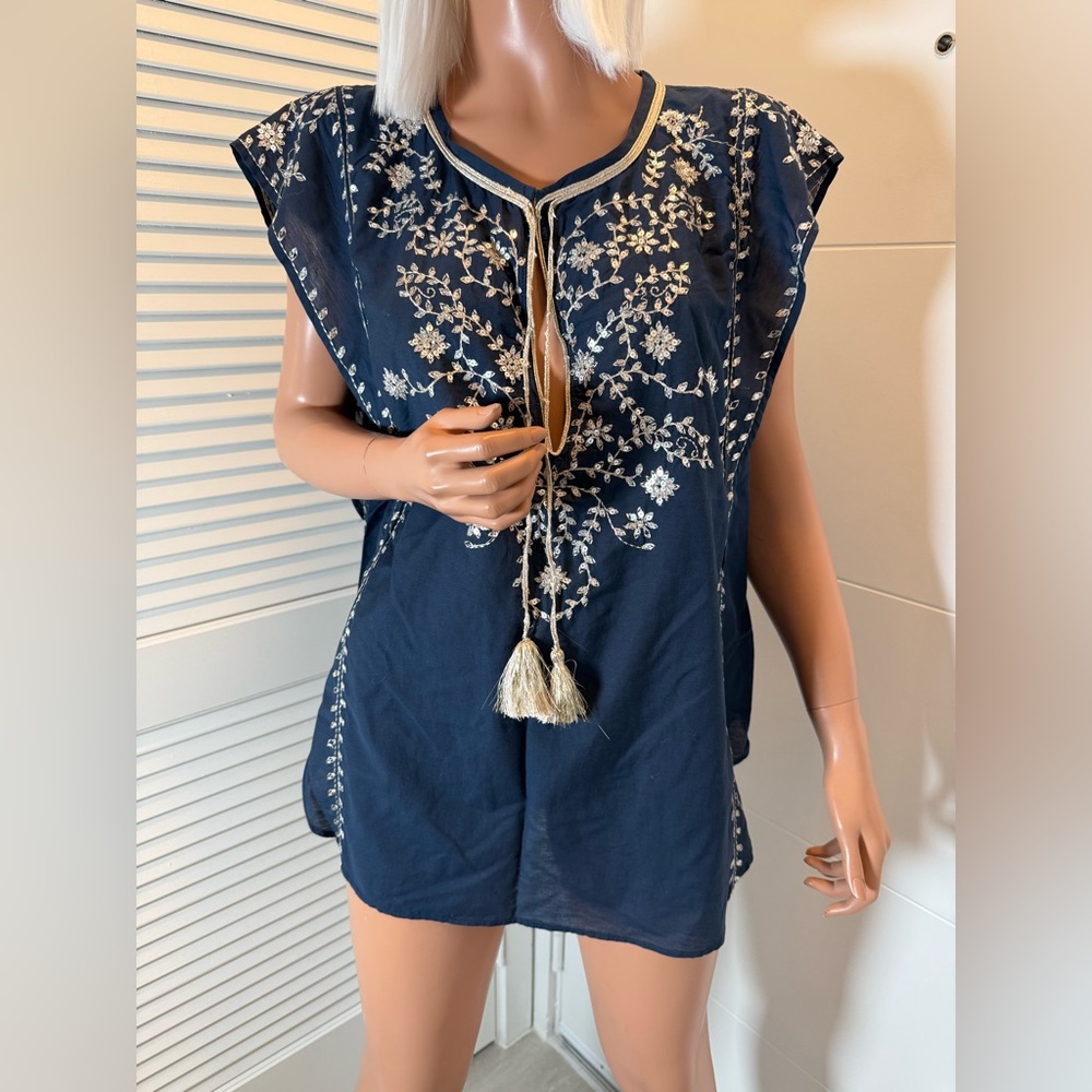 Calypso St. Barth large embroidered navy tunic top